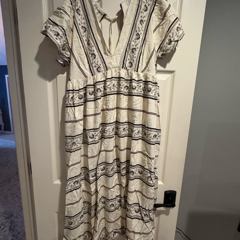 LOFT Cream and Black Striped Midi Dress